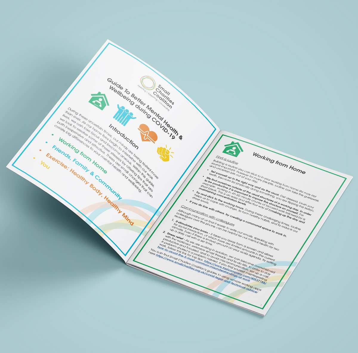 mock up of open booklet showing 2 pages of a covid 19 working from home survival guide