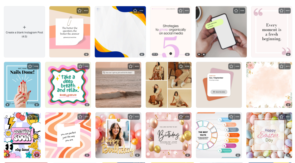 Screen shot of a range of different canva templates