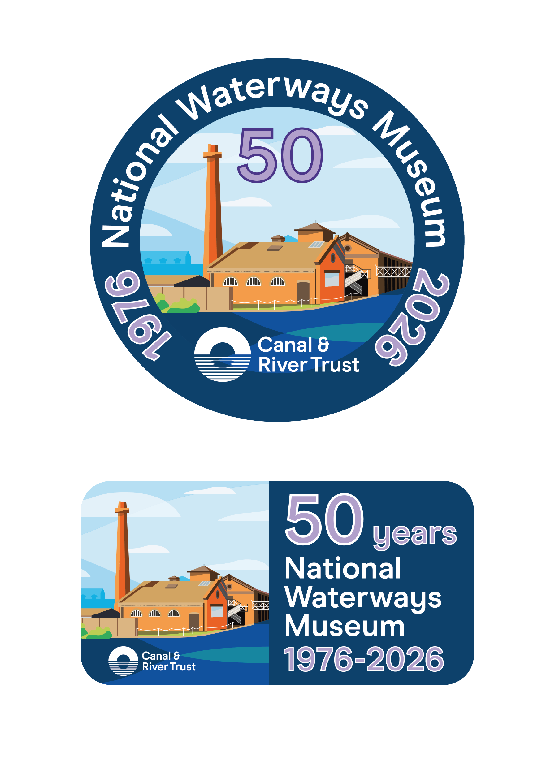 NWM_50th_logos 2 logos featuring an illustration of the national waterways museum, with the number 50 and the dates 1976-2026 and a small & canal river trust logo