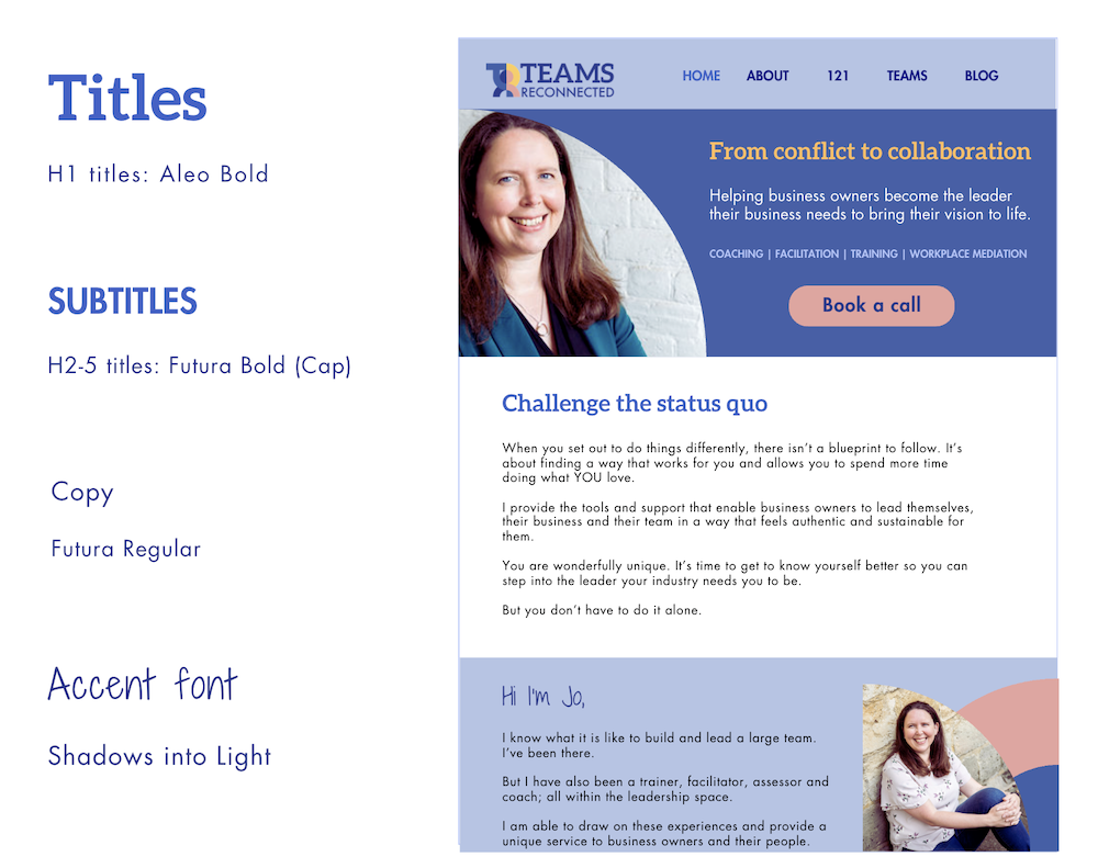 screenshot of Teams Reconnected font heirarchy with an example webpage to show how the heirarchy works