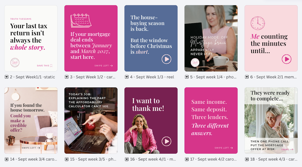 screenshot of a selection of canva templates in a bright pink, burgundy, cream and slate blue colour palette with the same font heirachy and assets